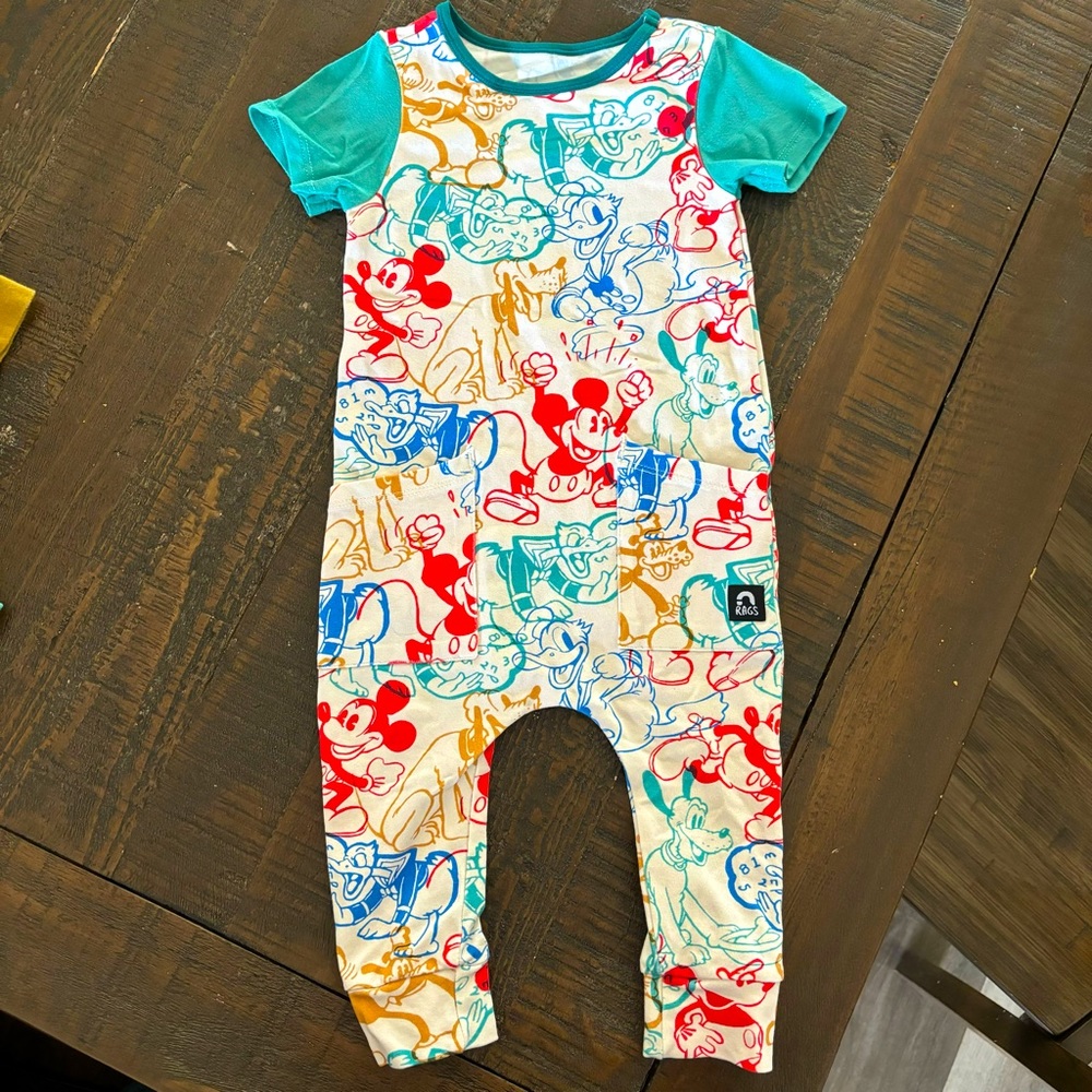 EUC RAGS Hip Pocket Romper 'Mickey with Friends' Disney Collection 6-12month
